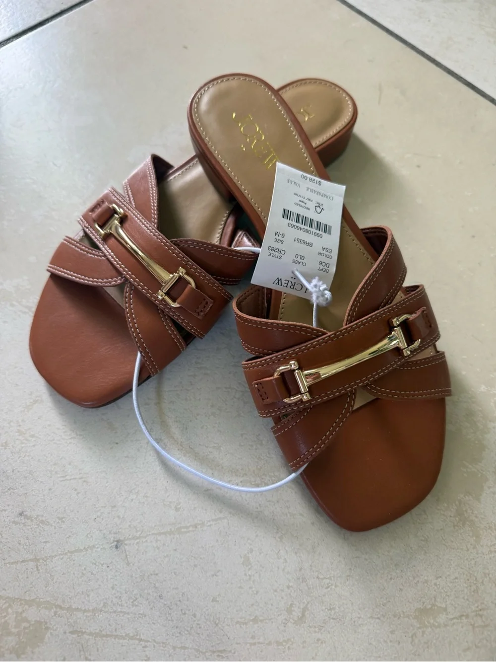 J. Crew Cognac Leather Slide Sandals with Gold Hardware